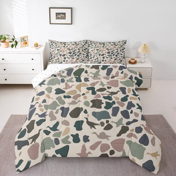 Manfei Mallard Duck 3 Pieces Queen Comforter Set,Abstract Camo Bedding Sets,Rustic Cabin Bedding Comforter Set,Super Cozy Animal Bedroom Decorative,Reversible