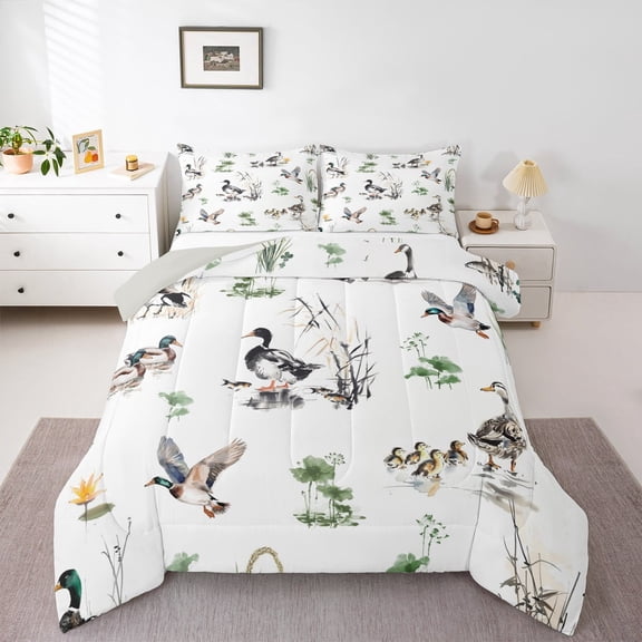 Manfei Mallard Duck 3 Pieces Queen Comforter Set,Floral Lotus Ultra Soft Bedding Sets,Rustic Animal Bedding Comforter Set,Microfiber Flower Bedroom Decoration,Reversible