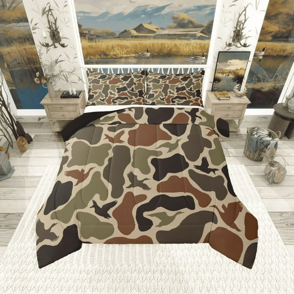 Manfei Mallard Duck 3 Pieces Queen Comforter Set,Rustic Camouflage Ultra Soft Bedding Sets,Abstract Vintage Bedding Comforter Set,Breathable Animal Home Decor,Reversible