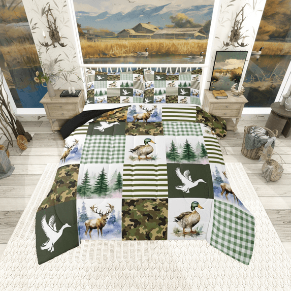 Manfei Mallard Duck 3pcs Full Comforter Set - Deer Hunting Abstract Stripes Style