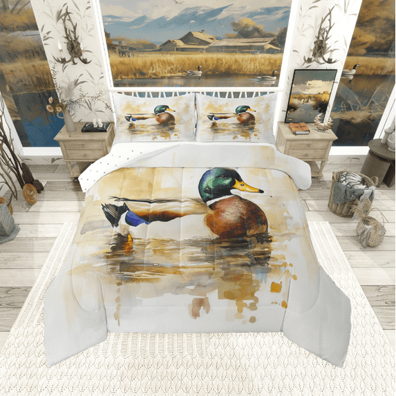 Manfei Mallard Duck 3pcs King Size Comforter Sets,Rustic Animal Bedding Comforter Set,Gradient Watercolor Bedding Set,Microfiber Wildlife Room Decorative,Reversible