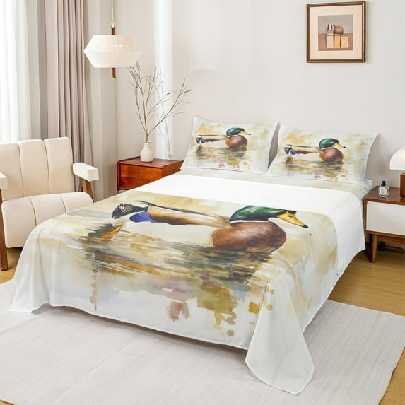 Manfei Mallard Duck 4-Piece Full Size Sheets,Rustic Animal Bed Sheets,Gradient Watercolor Lightweight Sheet Sets,Wildlife Room Decorative