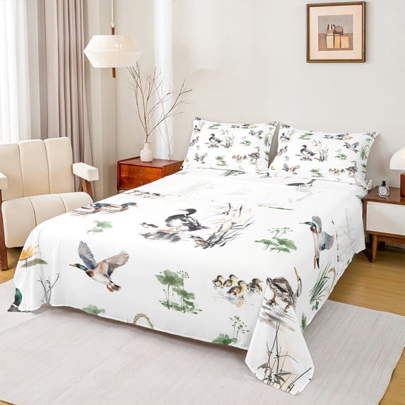 Manfei Mallard Duck 4 Pieces Queen Sheet Sets,Floral Lotus Ultra Soft Flat Sheet,Rustic Animal Queen Fitted Sheet,Microfiber Flower Bedroom Decoration