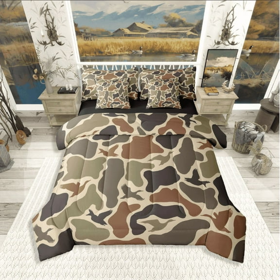 Manfei Mallard Duck 7-Piece Bedding Comforter Set,Rustic Camouflage King Bedding Sets,Abstract Vintage Ultra Soft Bed Sheets,Breathable Animal Home Decor,Reversible