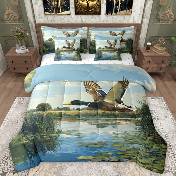 Manfei Mallard Duck 7-Piece Bedding Comforter Set,Rustic Lake King Bedding Sets,Green Lotus Leaves Bed Sheets For Men Women,Microfiber Bedroom Decor Reversible