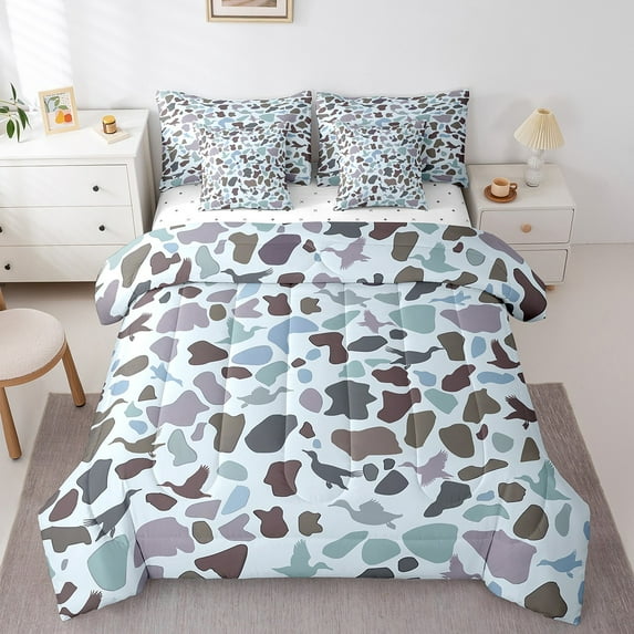Manfei Mallard Duck 7-Piece Twin Bedding Sets,Abstract Camouflage Bedding Comforter Set,Animal Wildlife Breathable Sheet Sets,Ultra Soft Farmhouse Room Decor,Reversible