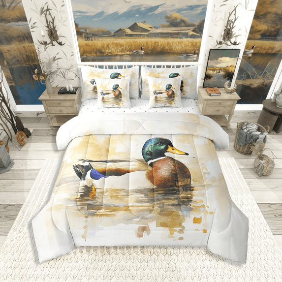Manfei Mallard Duck 7 Pieces Bedding Comforter Set,Rustic Animal Full Bedding Set Lightweight,Gradient Watercolor Fitted Sheet Flat Sheet,Microfiber Wildlife Room Decorative,Reversible