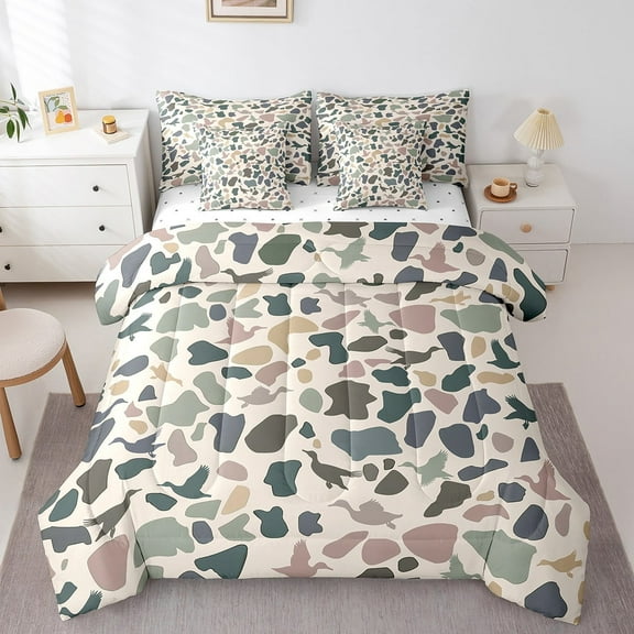 Manfei Mallard Duck 7pcs Bedding Comforter Set,Abstract Camo Queen Bedding Sets Super Cozy,Rustic Cabin Queen Sheet Sets,Super Cozy Animal Bedroom Decorative,Reversible