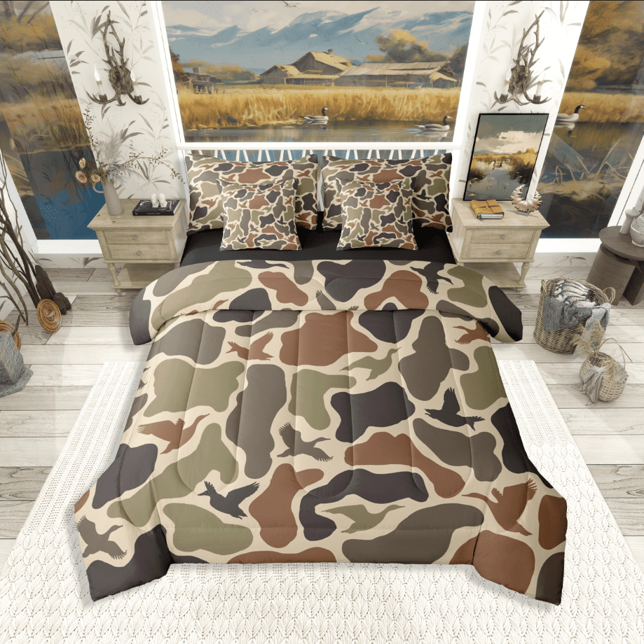 Manfei Mallard Duck 7pcs Bedding Comforter Set,Rustic Camouflage Queen Bedding Sets Super Cozy,Abstract Vintage Queen Sheet Sets,Breathable Animal Home Decor,Reversible