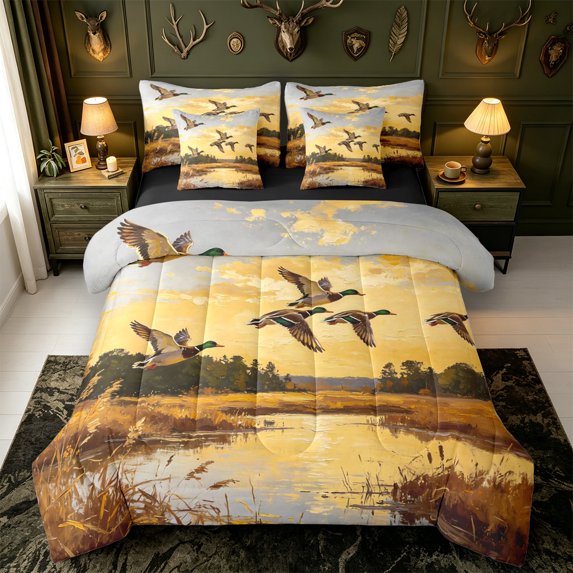 Manfei Mallard Duck Pattern 7-Piece King Bedding,Rustic Animal King Bed in a Bag,Black Reversible