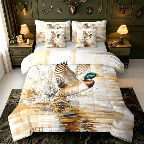 Manfei Mallard Duck Pattern 7pcs Queen Bedding,Rustic Cabin Bedding Comforter Set Queen,Light Gray Reversible