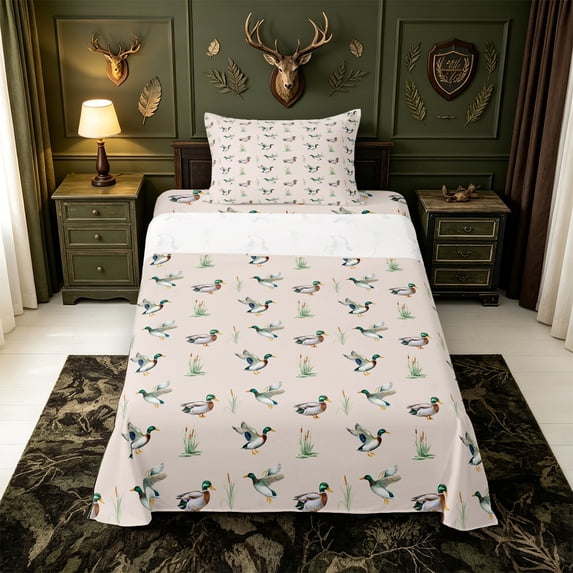 Manfei Mallard Duck Pattern Twin Sheets,Farmhouse Bird Bedding,3 Pieces,1 Flat Sheet,1 Fitted Sheet and 1 Pillowcase