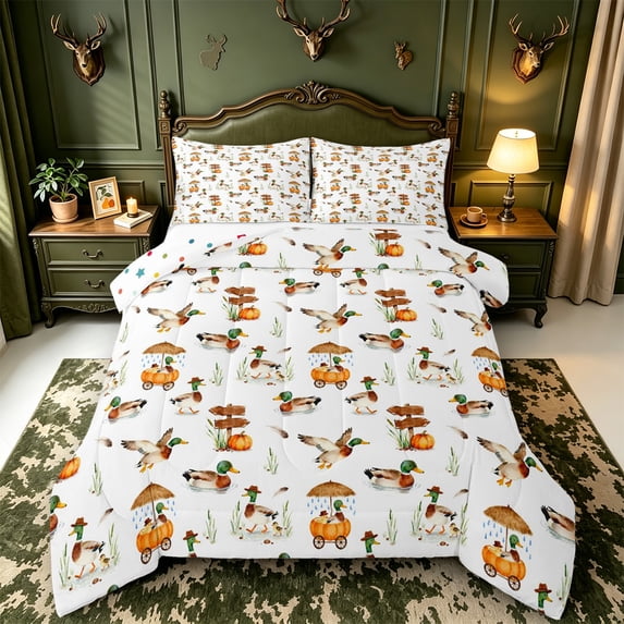 Manfei Mallard Duck Print Full Size Comforter Sets,Rustic Cabin Bedding Comforter Set,Polkadot Reversible,3 Pieces,1 Comforter and 2 Pillowcases