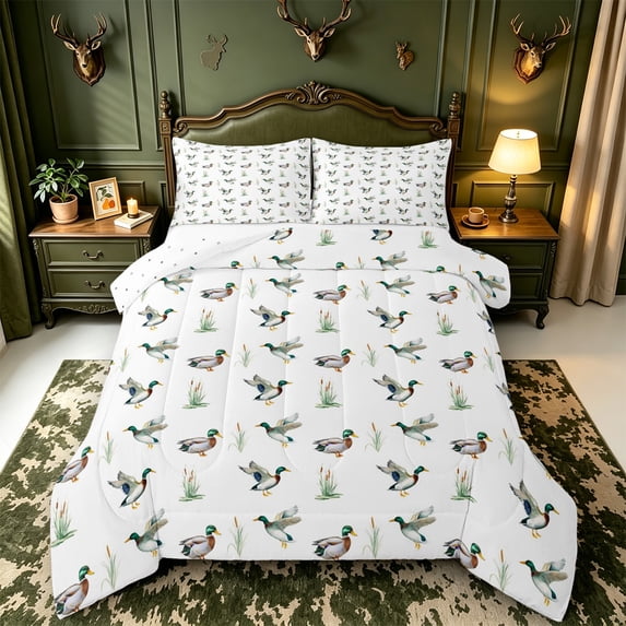 Manfei Mallard Duck Print King Size Comforter Sets,Farmhouse Bird Comforters King Size,Reversible,3-Piece,1 Comforter and 2 Pillowcases