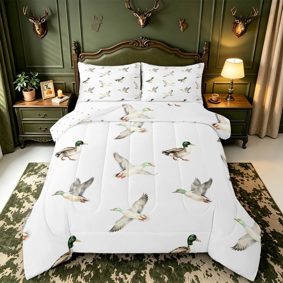 Manfei Mallard Duck Print King Size Comforter Sets,Rustic Animal Comforters King Size,Reversible,3 Pieces,1 Comforter and 2 Pillowcases