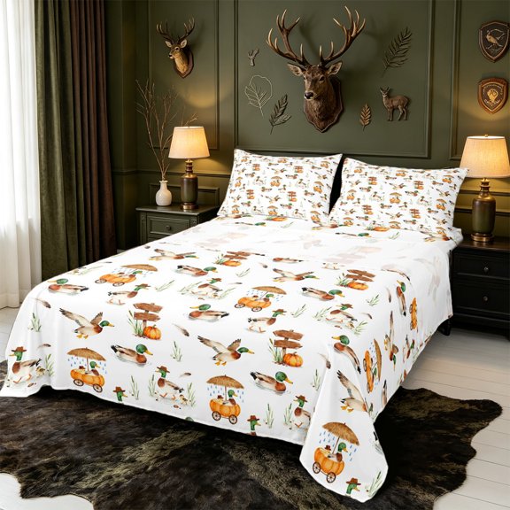 Manfei Mallard Duck Print Queen Sheets,Rustic Cabin Queen Sheet Sets,4pcs,1 Flat Sheet,1 Fitted Sheet and 2 Pillowcases