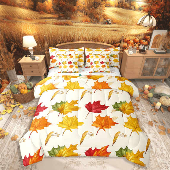 Manfei Maple Leaf Bed in a Bag Full size,Autumn Fall Bed Set,Thanksgiving Day Bedding Full Size,Lightweight Botanical Bedroom Decorative,Reversible,7 Pieces
