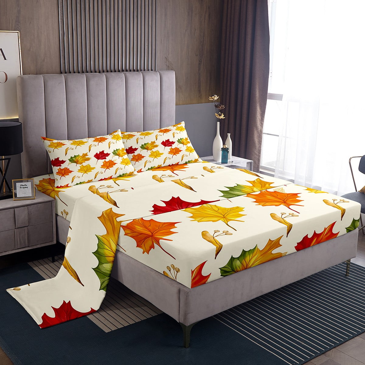 Manfei Maple Leaf Bed Sheets Set Queen Size,Autumn Fall Bedding Sets ...