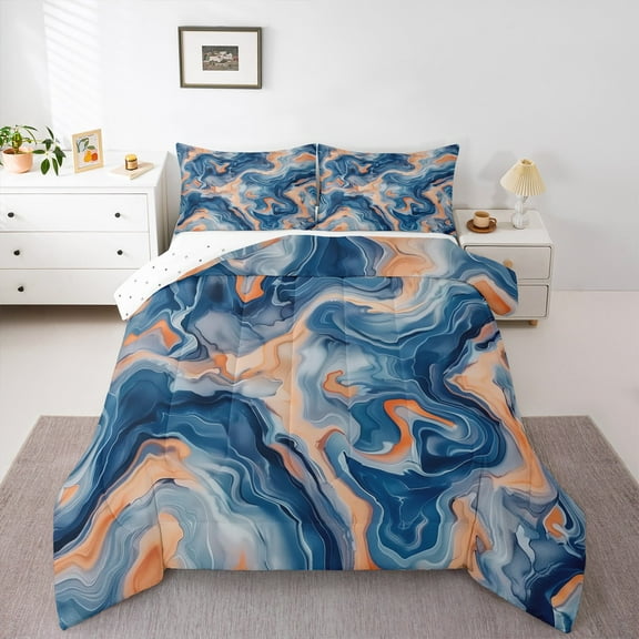 Manfei Marble Abstract Queen Comforter Set, Blue Orange Stripes Ombre Bedding Comforter Set, Marbling Artwork Reversible Bedding Set, Super Cozy Room Decor, 3-Piece