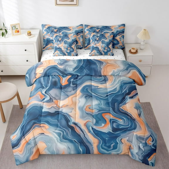 Manfei Marble Abstract Twin Bedding Sets 7-Piece, Blue Orange Stripes Ombre Bedding Comforter Set, Marbling Artwork Reversible Sheet Sets, Super Cozy Room Decor