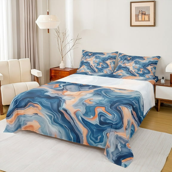 Manfei Marble Abstract Twin Sheet Sets, Blue Orange Stripes Ombre Twin Fitted Sheet, Marbling Artwork Flat Sheet, Super Cozy Room Decor, 3-Piece
