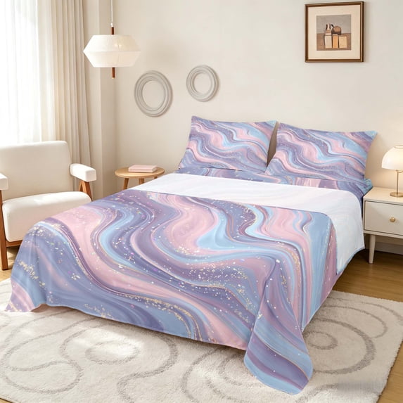 Manfei Marble Fluid Swirl Bed Sheets, Lavender Pink Fuul Size Sheets, Colorful Stars Reversible 4pcs1 Flat Sheet + 1 Fitted Sheet + 2 Pillowcases