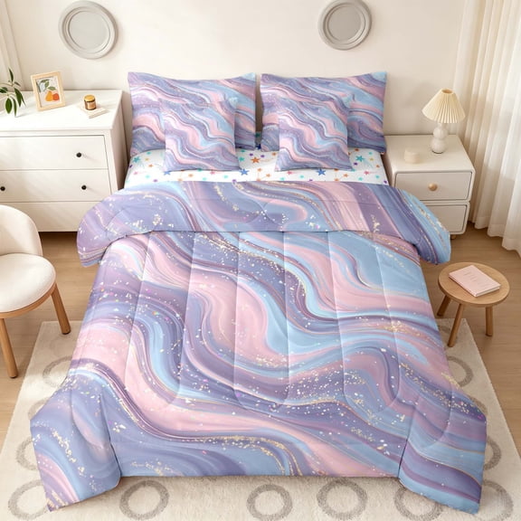 Manfei Marble Fluid Swirl Twin Bedding, Lavender Pink Bedding Comforter Set, Colorful Stars Reversible 7 Pieces