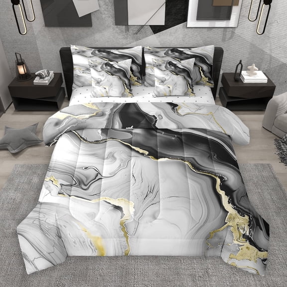 Manfei Marble Pattern 7-Piece Bedding Comforter Set,Modern Fluid Stripe King Bedding Sets,Gray Black Gold Bed Sheets For Men Women,Ultra Soft Home Decor Reversible