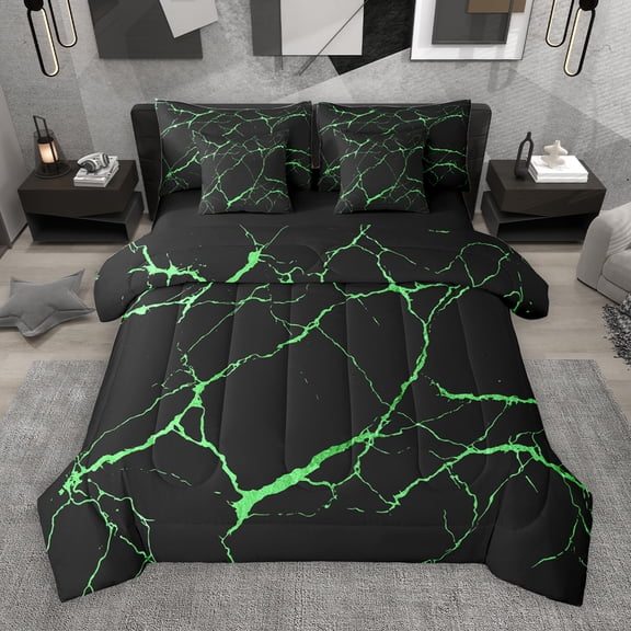 Manfei Marble Pattern 7-Piece Bedding Comforter Set,Modern Fluid Stripe King Bedding Sets,Green Black Bed Sheets For Men Women,Ultra Soft Home Decor Reversible
