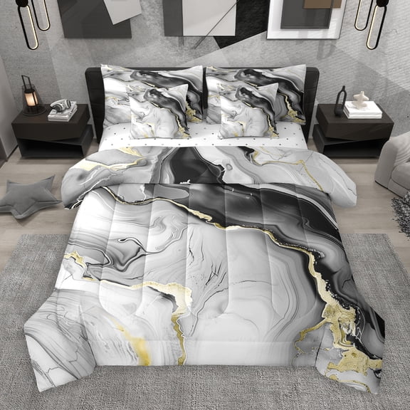Manfei Marble Pattern 7pcs Bedding Comforter Set,Modern Fluid Stripe Queen Bedding Sets,Gray Black Gold Queen Sheet Sets For Men Women,Ultra Soft Home Decor Reversible