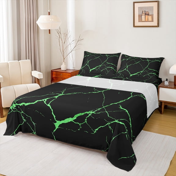 Manfei Marble Pattern Bed Sheets,Modern Fluid Stripe King Sheets,Green Black Sheet Set For Men Women,Ultra Soft Home Decor,4-Piece