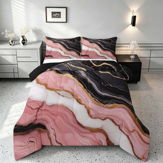 Manfei Marble Print Queen Comforter Set, Marbling Metallic Comforter Sets Queen, Pink, Black and Gold, Black Reversible 3pcs, 1 Comforter and 2 Pillowcases