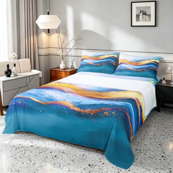 Manfei Marble Queen Sheets, Store Pattern Print Queen Sheet Sets, Blue and Gold, Black Reversible 4 Pieces1 Flat Sheet + 1 Fitted Sheet + 2 Pillowcases