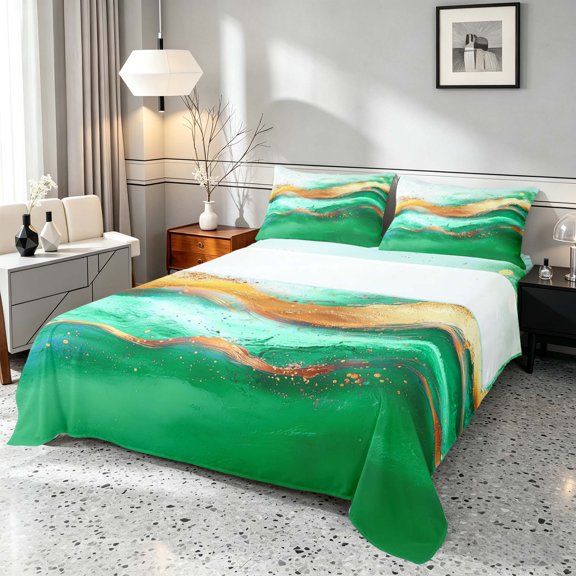 Manfei Marble Queen Sheets, Store Pattern Print Queen Sheet Sets, Green and Gold, Black Reversible 4-Piece1 Flat Sheet + 1 Fitted Sheet + 2 Pillowcases