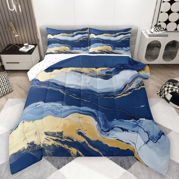 Manfei Marble Texrure Print Bedding Comforter Set,Fulid Striped Artistic Twin Comforter Sets,Blue Gold Bedding Set For Girls Boys,Super Cozy Room Decor Reversible,2pcs