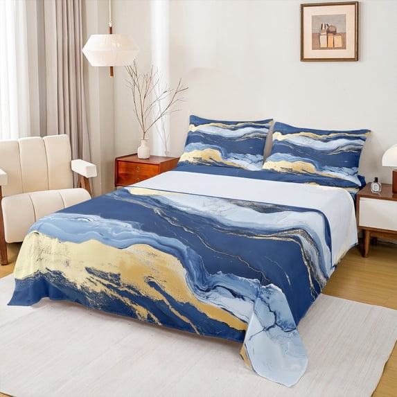 Manfei Marble Texrure Print Twin Sheet Sets,Fulid Striped Artistic Twin Fitted Sheet,Blue Gold Flat Sheet For Girls Boys,Super Cozy Room Decor,3pcs