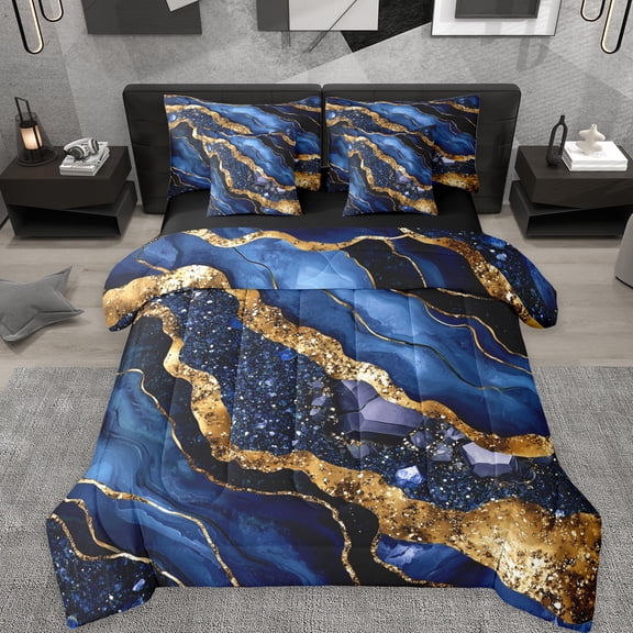 Manfei Marble Texture Road 7-Piece Bedding Comforter Set,Blue Gold Black King Bedding Sets,Modern Fluid Art Bed Sheets For Girl,Microfiber Room Decoration Reversible