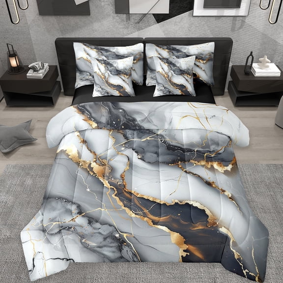 Manfei Marble Texture Road 7-Piece Bedding Comforter Set,Gray Gold Black King Bedding Sets,Modern Fluid Art Bed Sheets For Girl,Microfiber Room Decoration Reversible