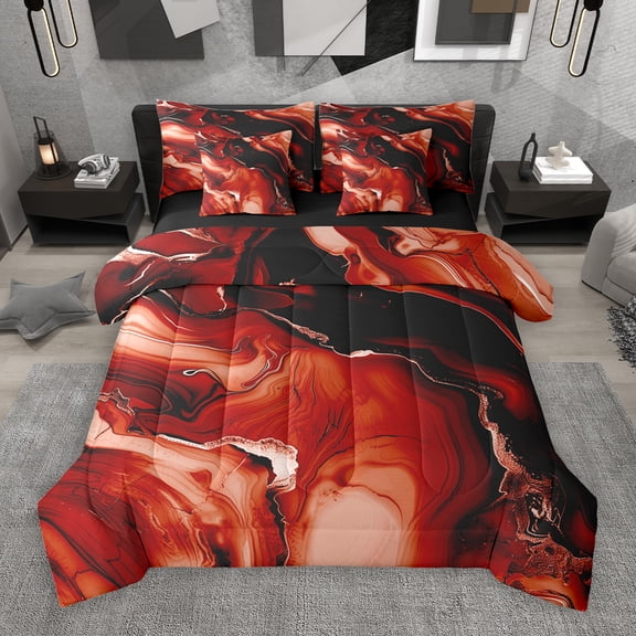 Manfei Marble Texture Road 7-Piece Bedding Comforter Set,Modern Minimalist Artistic King Bedding Sets,Red Black Bed Sheets For Adults,Microfiber Room Decoration Reversible