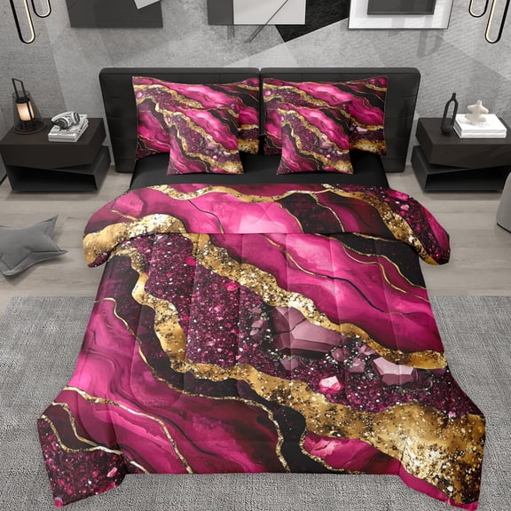Manfei Marble Texture Road 7-Piece Twin Bedding Sets,Pink Black Gold Bedding Comforter Set,Modern Fluid Art Sheet Sets For Girl,Microfiber Room Decoration Reversible