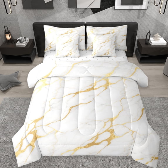 Manfei Marble Texture Road 7-Piece Twin Bedding Sets,White Gold Bedding Comforter Set,Modern Aesthetic Art Sheet Sets For Girl,Microfiber Room Decoration
