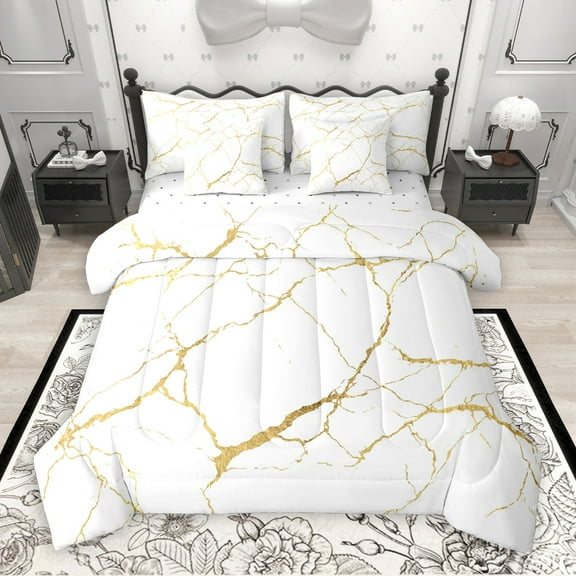 Manfei Marble Texture Road 7pcs Bedding Comforter Set,Modern Minimalist Artistic Queen Bedding Sets,White Gold Queen Sheet Sets For Adults,Microfiber Room Decoration