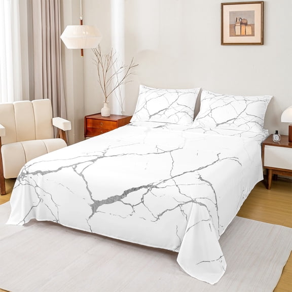 Manfei Marble Texture Road Bed Sheets,Modern Minimalist Artistic King Sheets,White Gray Sheet Set For Adults,Microfiber Room Decoration,4pcs