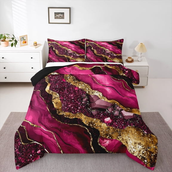 Manfei Marble Texture Road Bedding Comforter Set,Pink Black Gold Twin Comforter Sets,Modern Fluid Art Bedding Set For Girl,Microfiber Room Decoration Reversible,2-Piece