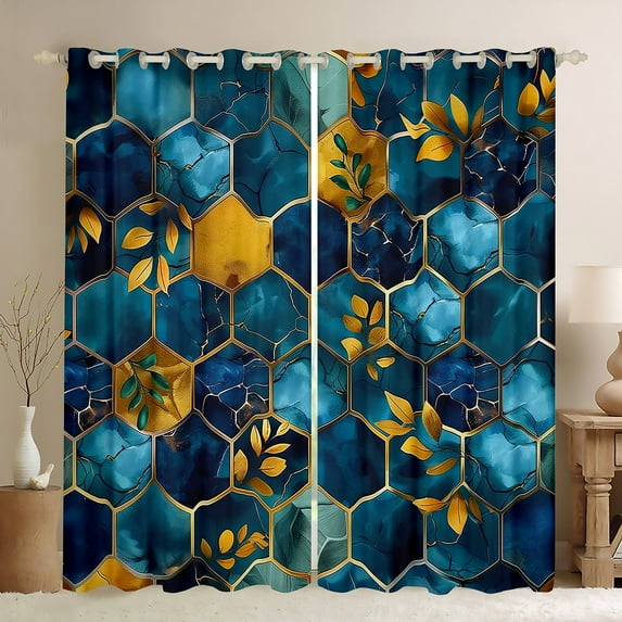 Manfei Marble Texture Road Black Out Curtains,Modern Geometric Honeycomb Curtains Pack of 2 (42x63 Each),Gold Leaves Bedroom Curtains For Girls Kids,Super Cozy Room Decor