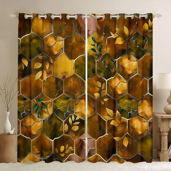 Manfei Marble Texture Road Blackout Curtains Set of 2 (52x84 Each),Modern Geometric Honeycomb Window Curtains,Orange Brown Curtains and Drapes For Girls Kids,Super Cozy Room Decor