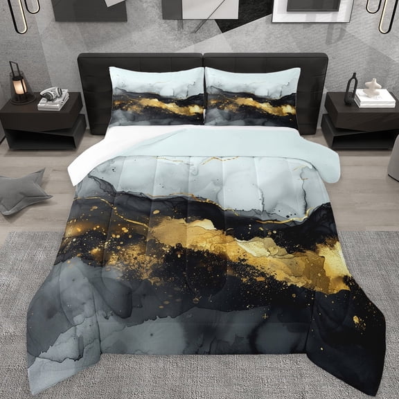 Manfei Marble Texture Road King Size Comforter Sets,Black Gold Bedding Comforter Set,Modern Fluid Art Bedding Set For Girl,Microfiber Room Decoration,3pcs