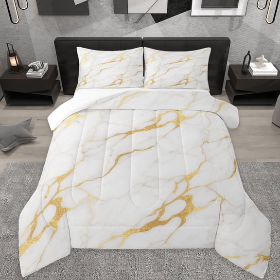 Manfei Marble Texture Road King Size Comforter Sets,White Gold Bedding Comforter Set,Modern Aesthetic Art Bedding Set For Girl,Microfiber Room Decoration,3pcs