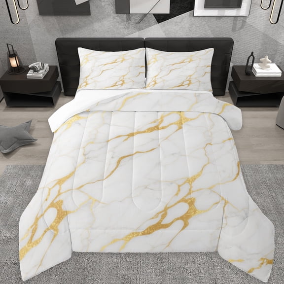 Manfei Marble Texture Road King Size Comforter Sets,White Gold Bedding Comforter Set,Modern Aesthetic Art Bedding Set For Girl,Microfiber Room Decoration,3pcs