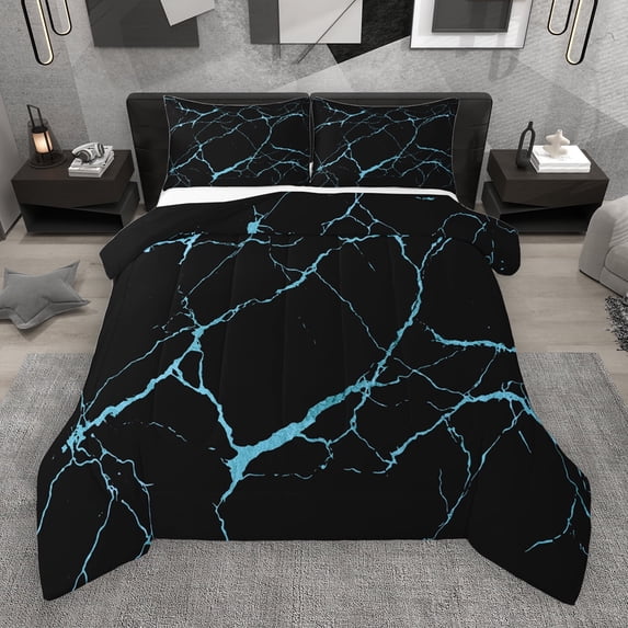 Manfei Marble Texture Road Queen Comforter Set,Modern Minimalist Artistic Bedding Sets,Blue Black Bedding Comforter Set For Adults,Microfiber Room Decoration Reversible,3pcs